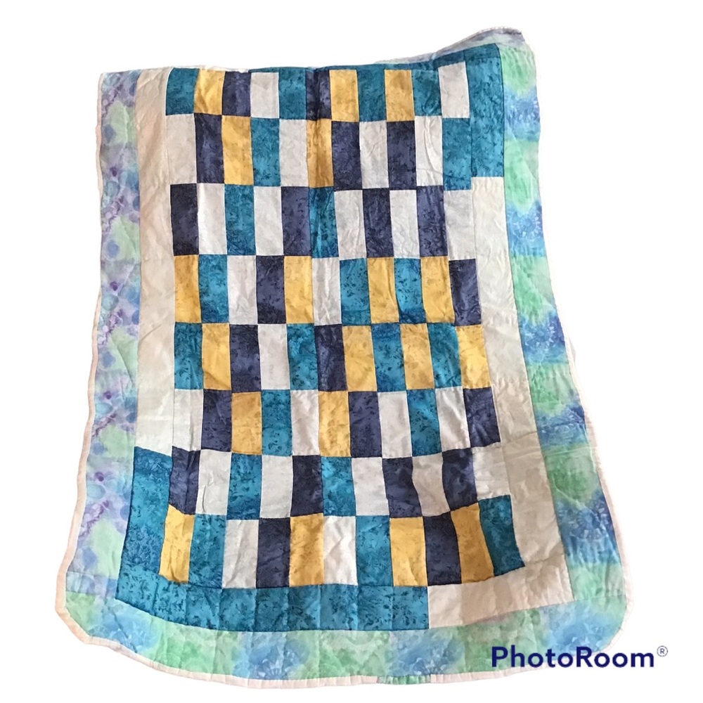 Baby/ Toddler Quilt Hand Stitched in Shades of Blue 48x30 inches New Hand Made